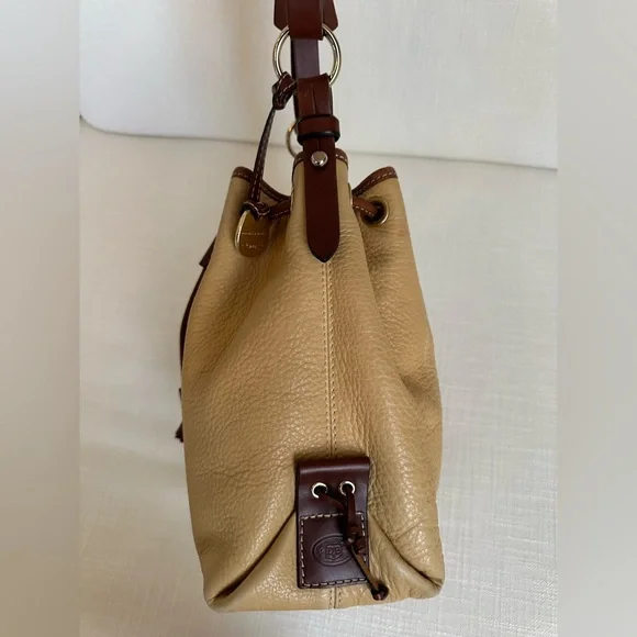Vintage Dooney & Bourke Tan and Brown Leather Drawstring Bucket Bag